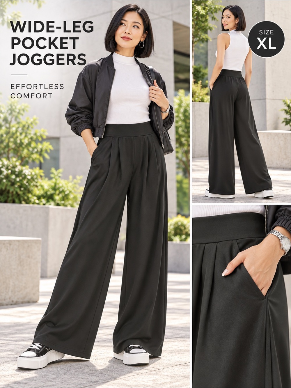 Wide-Leg Pocket Joggers for Women - Black